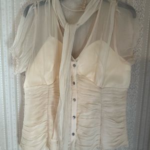 The J. Peterman Women's top  Ivory Short Sleeve 100% Silk Blouse 14 Large